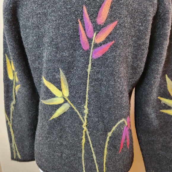 Vtg Talbots Womens Cardigan Sweater Sz Small Charcoal Gray Wool & Felt Leaf Top - Picture 9 of 16